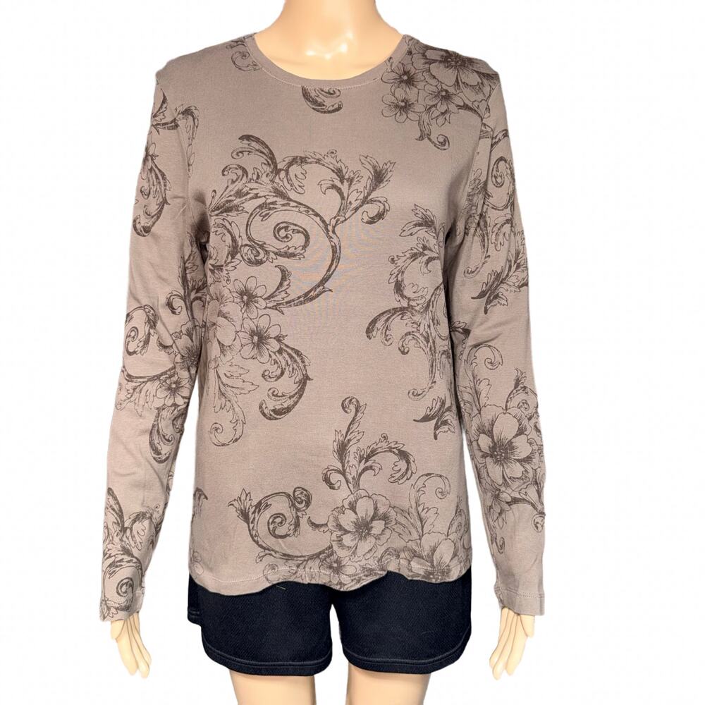Sonoma Life Style Womens Everyday Tee Shirt Top Long Sleeve Floral Print Brown